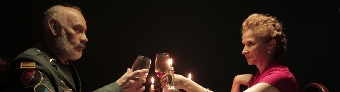 Hombre y mujer brindando con vino en una mesa