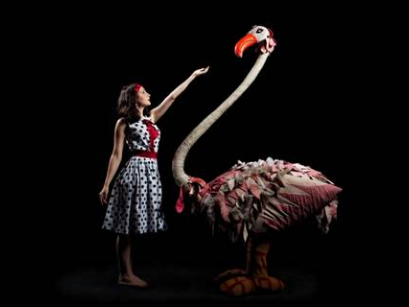 Mujer en escena con gigante cisne de fantasía