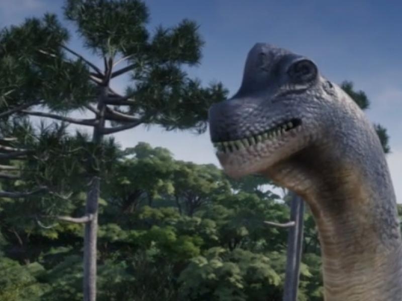 Dinosaurio en bosque. Fotograma de la película Colombia, Tierra de Gigantes. 