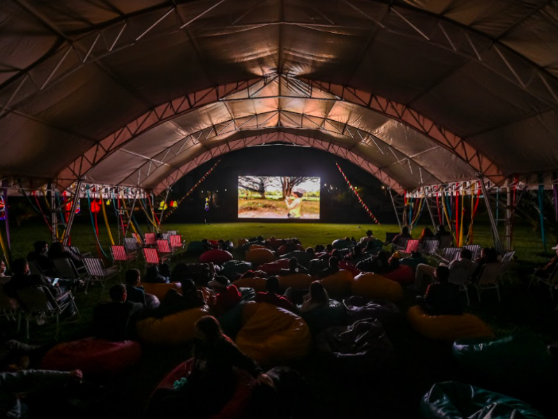 Personas en el parque viendo cine 