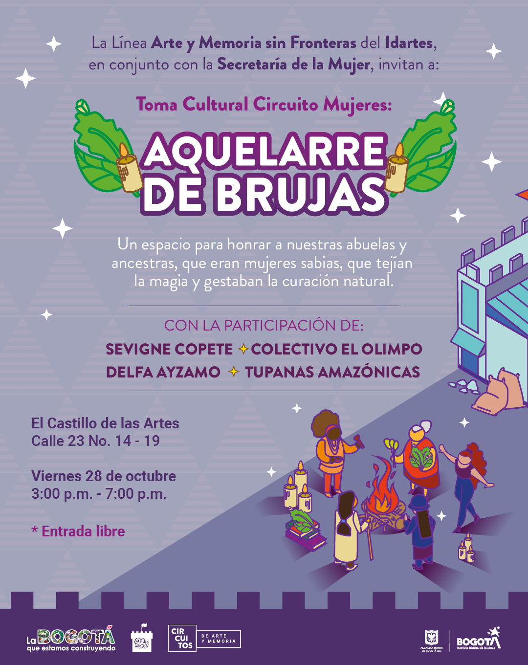 Pieza gráfica de invitación a la La Toma Cultural Circuito Mujeres: Aquelarre de Brujas.