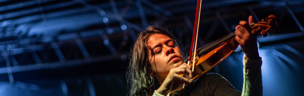 Hombre de cabello largo con violín en la mano