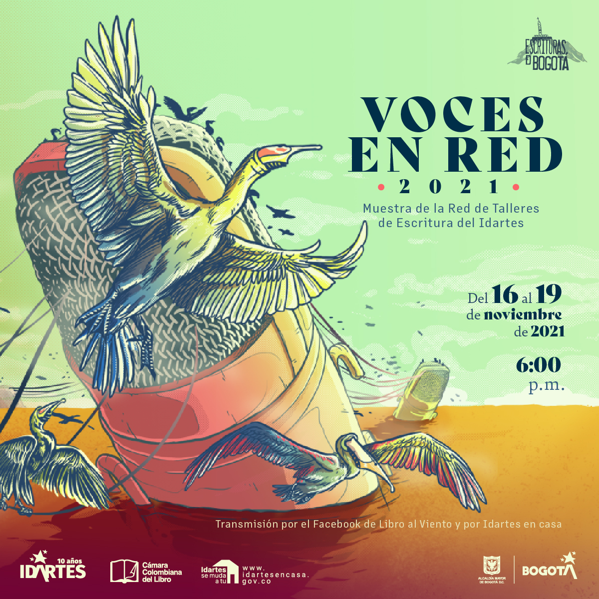Pieza gráfica del Festival Voces en Red, con un micrófono flotando en el mar y aves volando alrededor