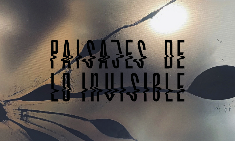 Pantalla digital rota con grietas negras en forma de ramas sobre un fondo de luz cálida. En el centro destaca el título Paisajes de lo invisible, con un efecto visual de distorsión o interferencia.