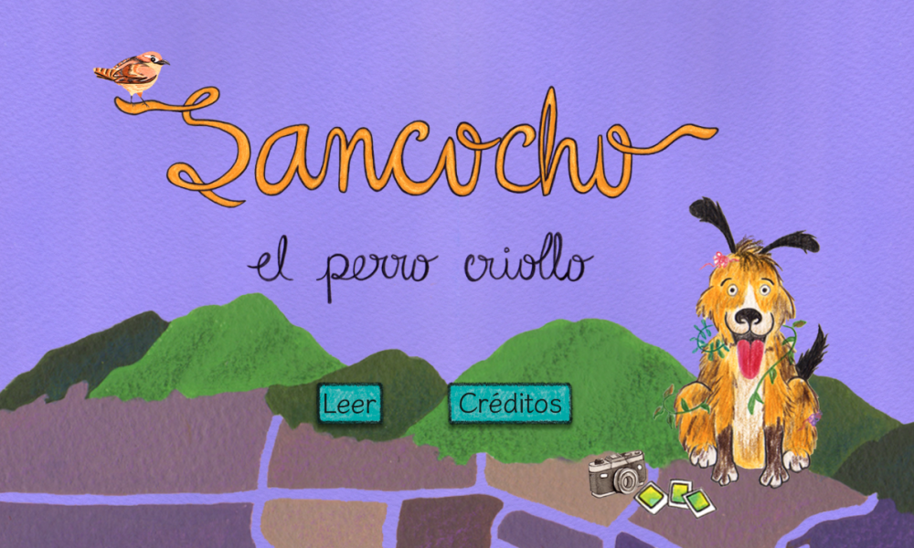 Sancocho el perro criollo Portada de Sancocho el perro criollo donde hay un perro color amarillo y lengua roja sobre un mapa de la ciudad