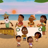 Animación de una familia afro en una playa
