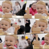 Caras de niño explorando figuras con fichas de madera