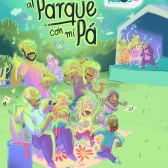 Ilustración de papás y abuelos disfrutando de un día en el parque con los niños y niñas