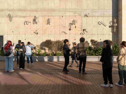 Esculturas en fachada de la Galería Santa Fe