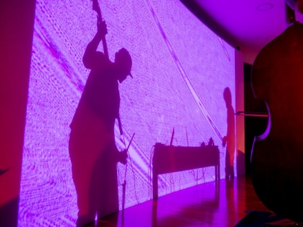 Sombras de Santiago Botero y Diego Herrera proyectadas en la pared del auditorio del planetario durante su presentación