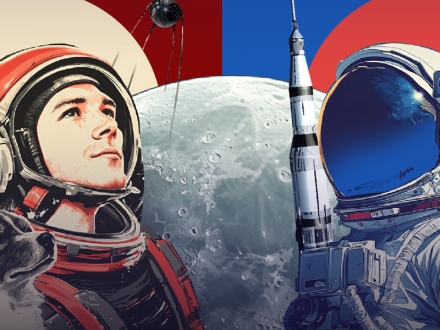 Ilustración de Yuri GagarÍn junto a un astronauta estadounidense