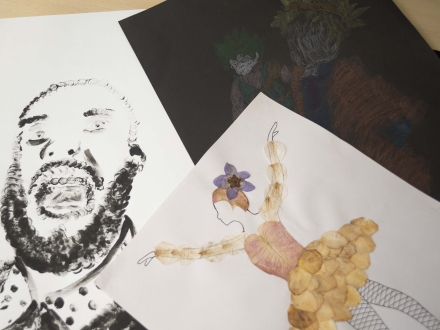 Tres ejercicios plásticos realizados en papel acuarela sobre una mesa
