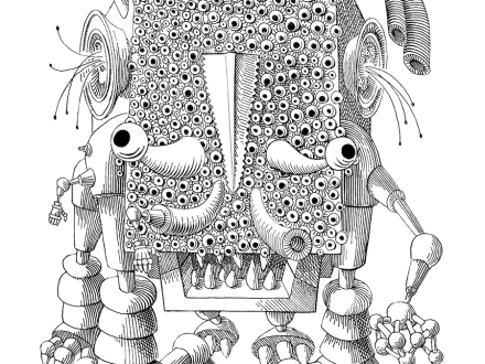 Ilustración en blanco y negro de un personaje cuadrado con muchos ojos. 