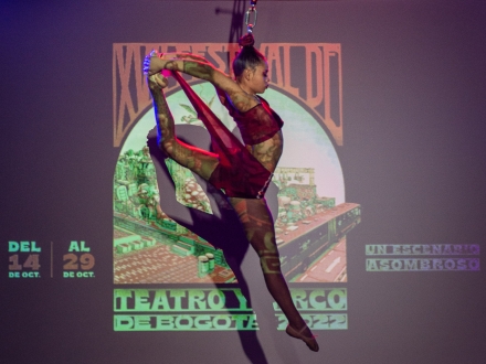Bailarina realizando una acrobacia colgada de una cuerda en presentación de noche.