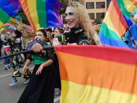 persona comunidad lgbti en marcha con la bandera de su comunidad