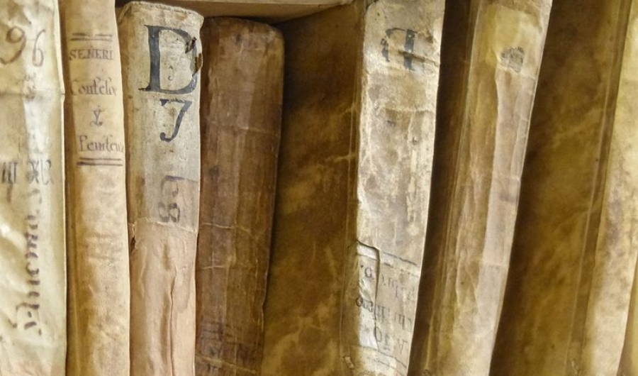 Libros antiguos en una estatntería - Fotografía de Wikimedia Commons.
