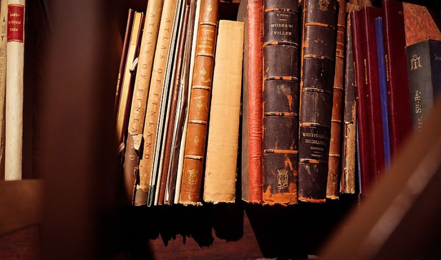 Libros antiguos en una estatntería.