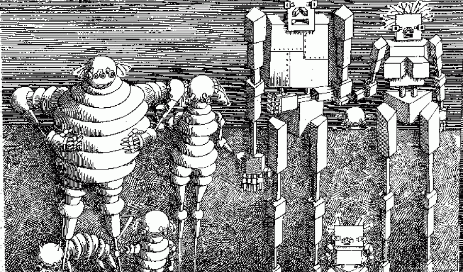 Ilustración en blanco y negro de ciencia ficción. Cuatro personajes robóticos.