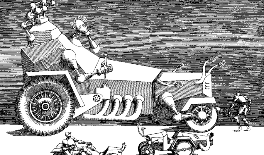 Ilustración en blanco y negro de ciencia ficción. personaje sobre un carro.