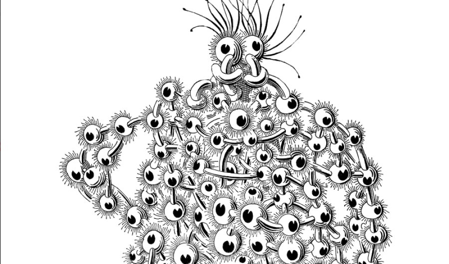 Ilustración en blanco y negro de ciencia ficción. Personaje con muchos ojos.