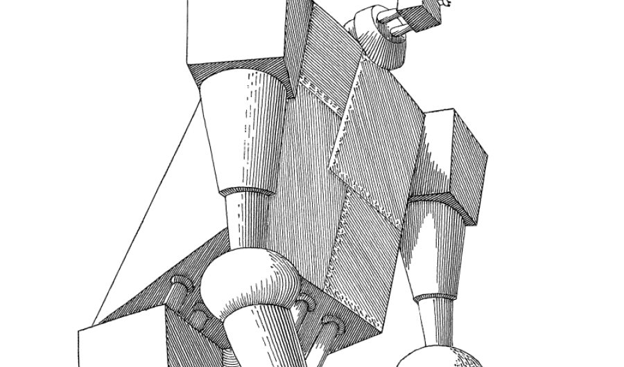 Ilustración en blanco y negro de ciencia ficción. Personaje robótico.
