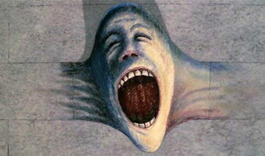 Cara ilustrada saliendo de una pared gritando.