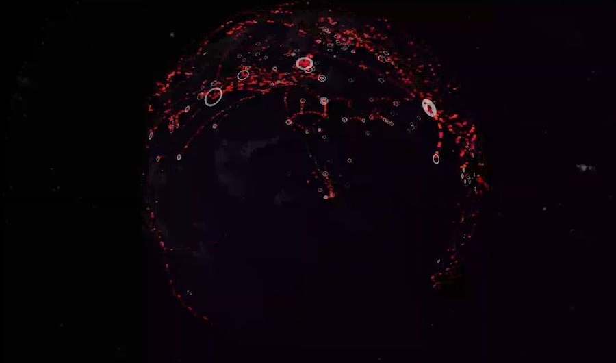 Mapamundi oscuro con puntos rojos encima.