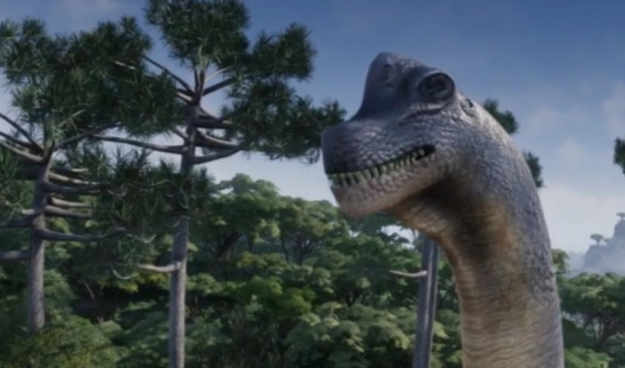 Dinosaurio en bosque. Fotograma de la película Colombia, Tierra de Gigantes.