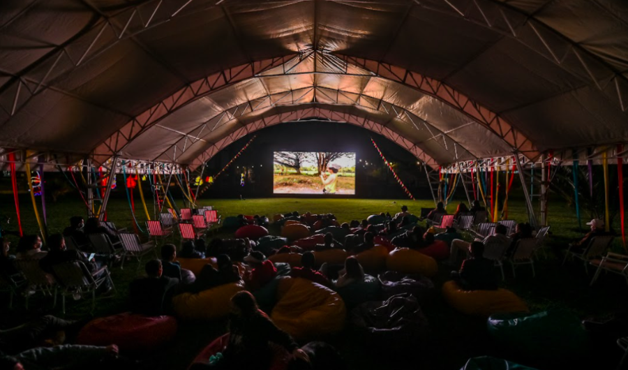 Personas en el parque viendo cine