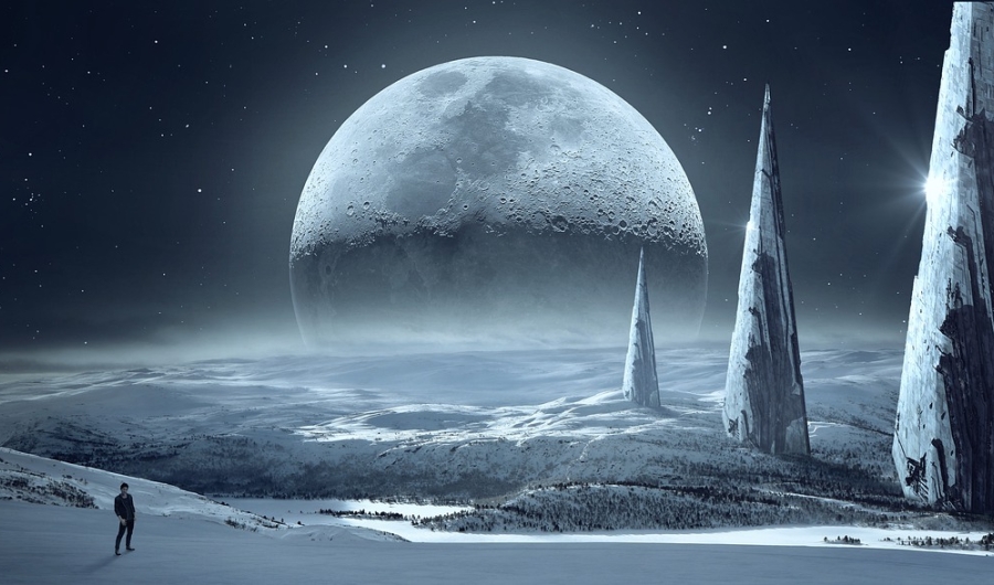 Un planeta ficcional con la Luna de fondo y rocas gigantes.