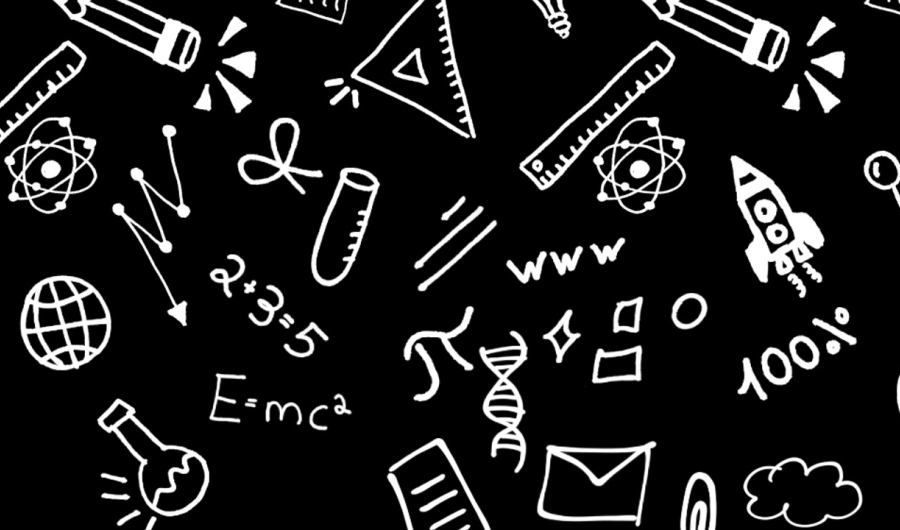Ilustraciones de ciencia en fondo negro.