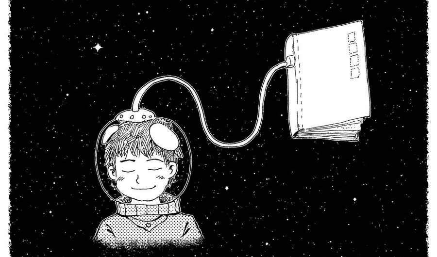 Ilustración de un niño con caso de astronauta conectado a un libro en el espacio.