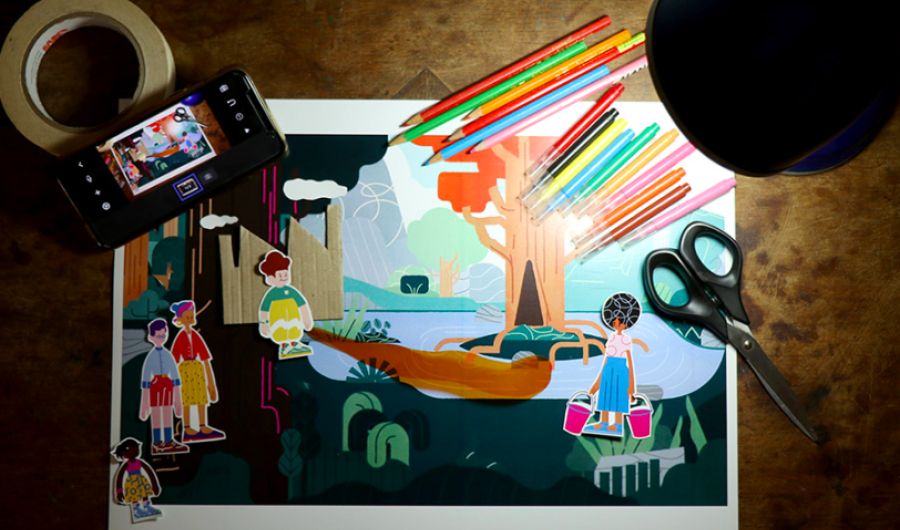 Cinta, colores, tijeras y dibujos