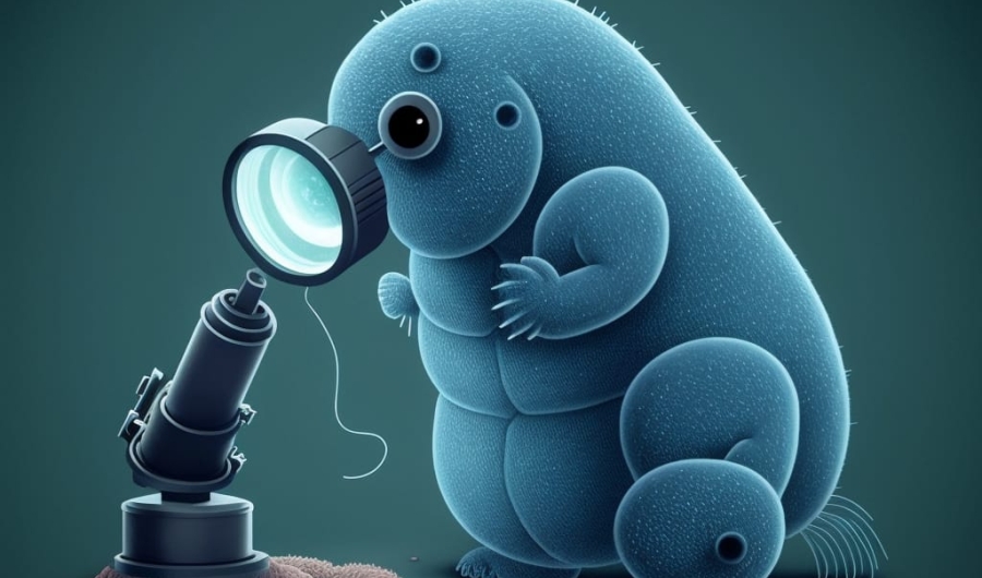 Un oso de agua mirando por un microscopio. Ilustración de inteligencia artificial.