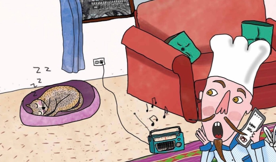 Ilustración de chef acostado en el piso de su sala hablando por celular y escuchando música