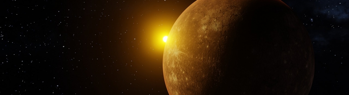 Imagen del planeta Mercurio con el Sol de fondo. 