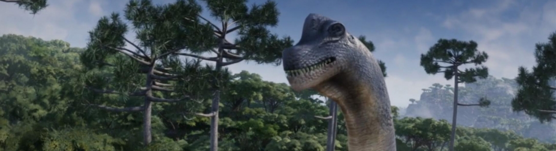 Dinosaurio en bosque. Fotograma de la película Colombia, Tierra de Gigantes. 