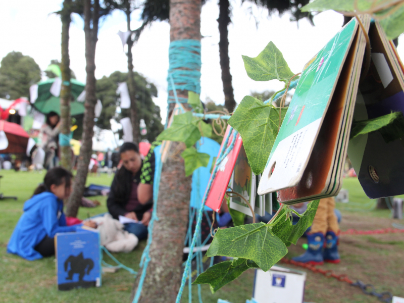 Niños participando en una actividad de lectura al aire libre.