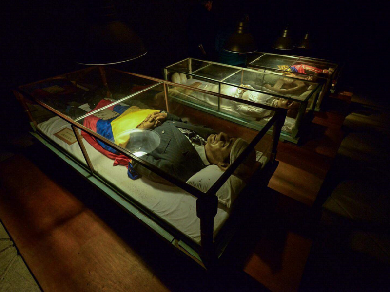 Sarcófagos de vidrio con cadáveres