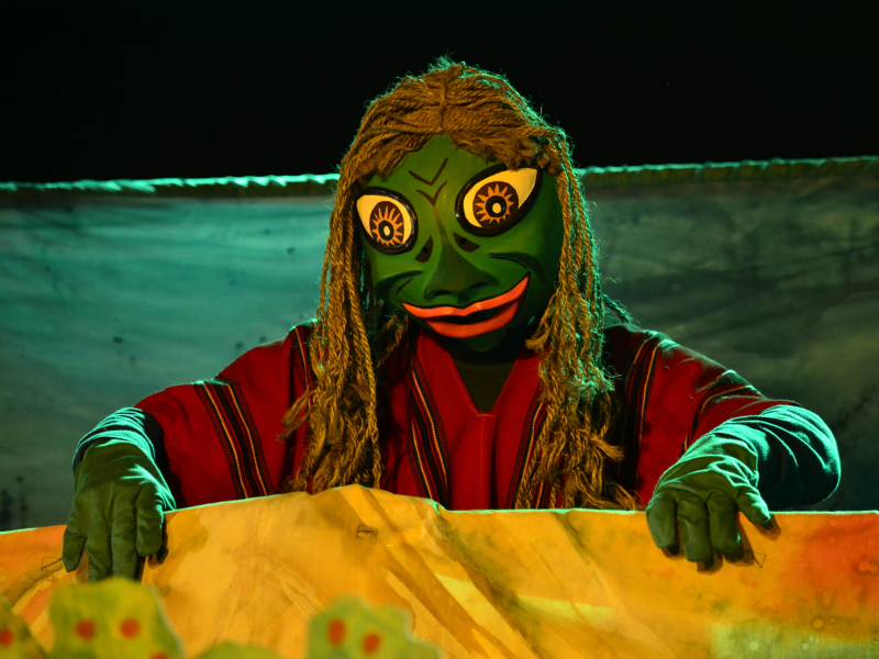 Personaje vestido de rana verde con ruana roja