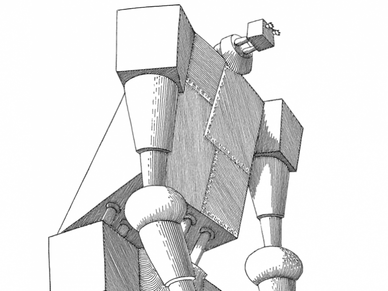 Ilustración en blanco y negro de ciencia ficción. Personaje robótico. 