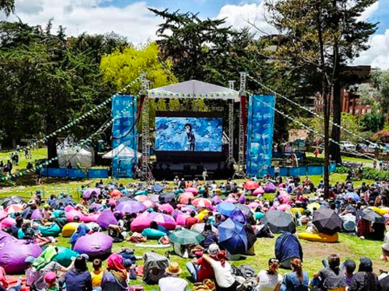 grupo de personas sentadas en el parque viendo películas 