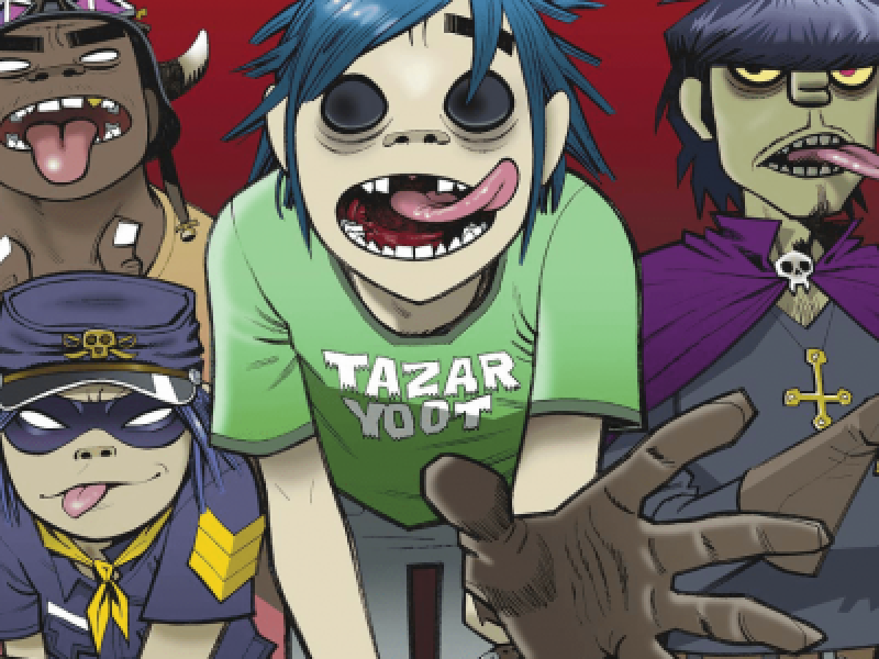 Ilustración de los integrantes de Gorillaz en fondo rojo