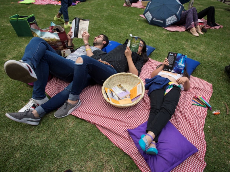 Personas leyendo en parque público