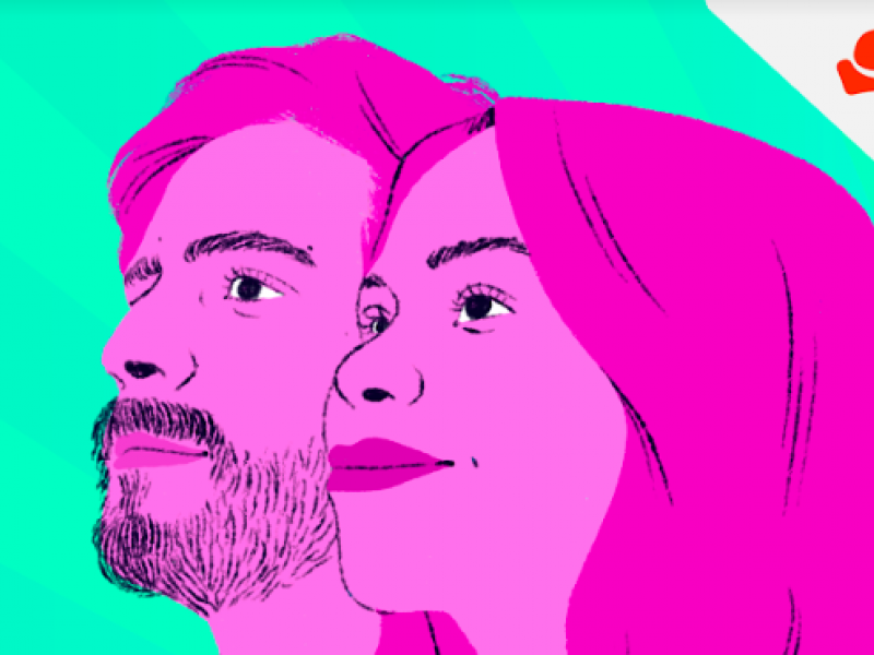 Ilustración de dos caras de hombre y mujer en colores verdes y rosadas