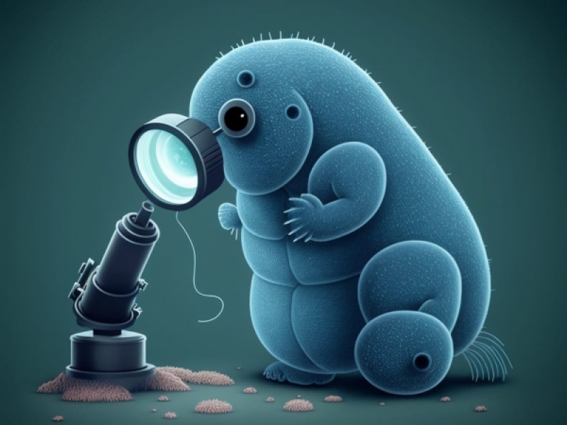 Un oso de agua mirando por un microscopio. Ilustración de inteligencia artificial. 