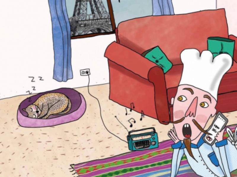 Ilustración de chef acostado en el piso de su sala hablando por celular y escuchando música 