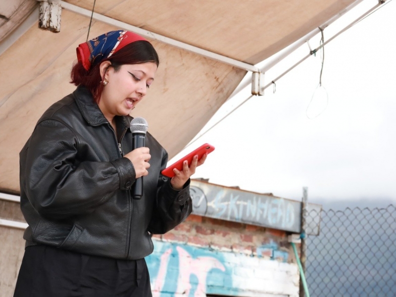 Mujer joven leyendo en una tarima