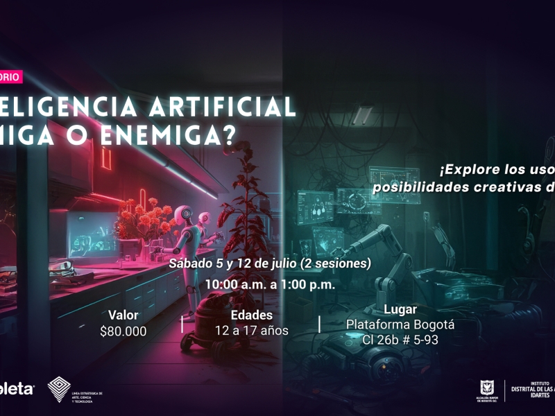 En la imagen se contempla dos escenarios en el que se aprecia el uso de la Inteligencia Artificial a través de dos robots. La pieza trae información acerca del laboratorio "Inteligencia Artificial ¿Amiga o enemiga?"