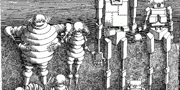 Ilustración en blanco y negro de ciencia ficción. Cuatro personajes robóticos. 